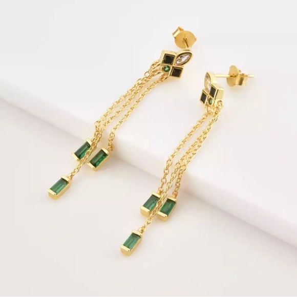 GOLD PLATED STERLING SILVER ART DECO MID CENTURY MODERN EMERALD ONYX DANGLE - Picture 3 of 10